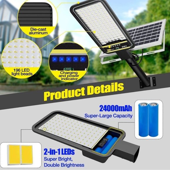 Solar Street Lights Outdoor  196LEDs Srteet Lights Solar Powered IP67 ps5 - Picture 4 of 7